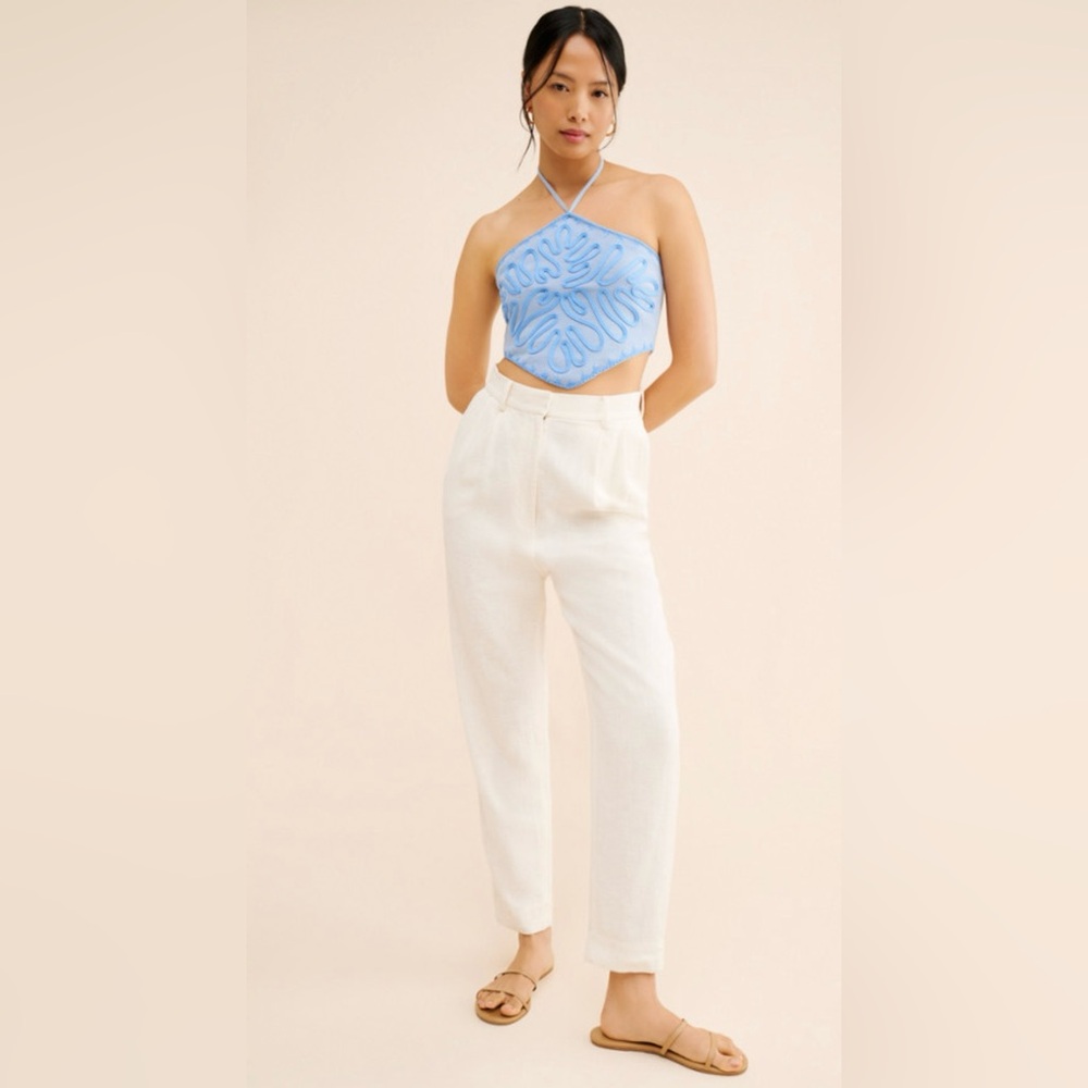 Embroidered Halter Top size S blue cropped silhouette back tie closure - Picture 2 of 10